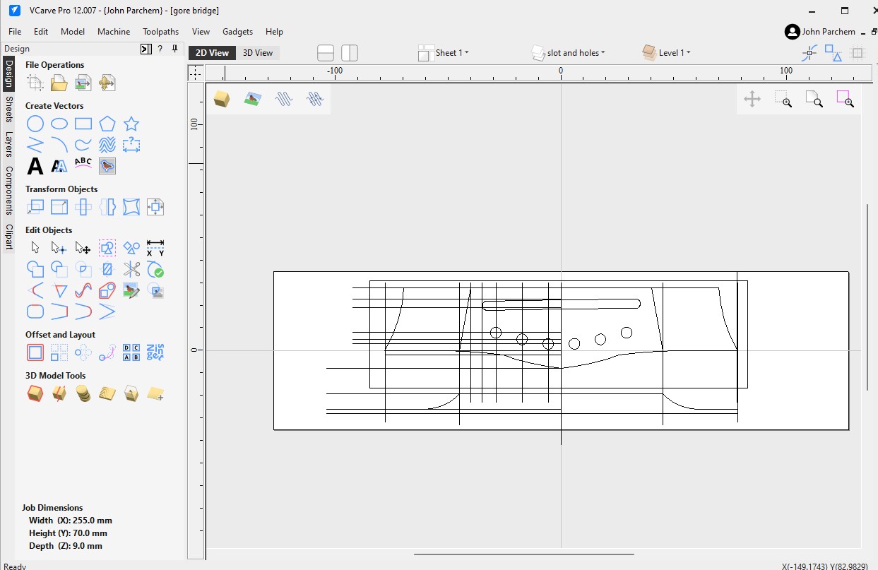 Gore-style bridge CAD drawing in VCarve